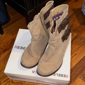 Rebel Beige Suede Buckle Ankle Boots with Side Zipper
